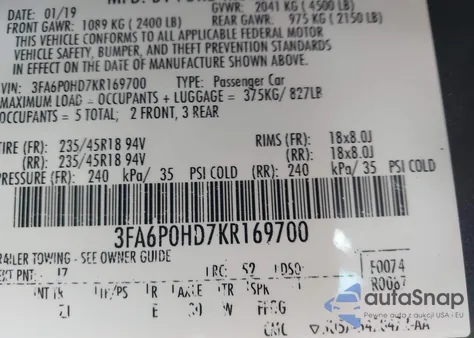 2019 Ford Fusion Se from USA, damaged, VIN 3FA6P0HD7KR169700